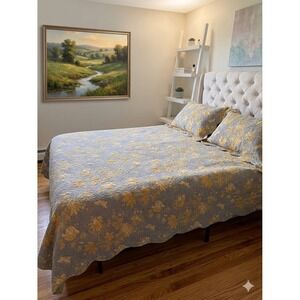Soft Surroundings Yellow Blue Floral Scalloped‎ Queen Quilt, Bedskirt & 2 Shams